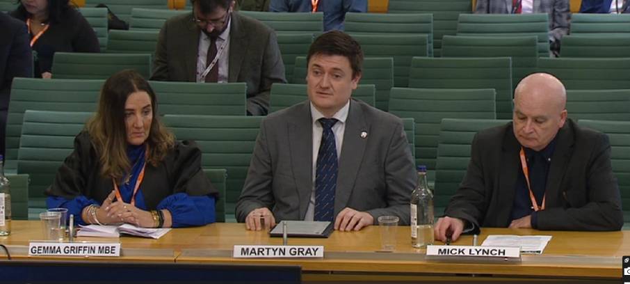 In November 2024, Nautilus director of organising Martyn Gray (centre) gave evidence to the UK parliament alongside Gemma Griffin of DFDS and Mick Lynch of the RMT union. Mr Gray told MPs that loopholes allowing 'fire and rehire' must be closed in the forthcoming Employment Rights Bill. Image: Parliament TV
Image:In November 2024, Nautilus director of organising Martyn Gray (centre) gave evidence to the UK parliament alongside Gemma Griffin of DFDS and Mick Lynch of the RMT union. Mr Gray told MPs that loopholes allowing 'fire and rehire' must be closed in the forthcoming Employment Rights Bill. Image: Parliament TV