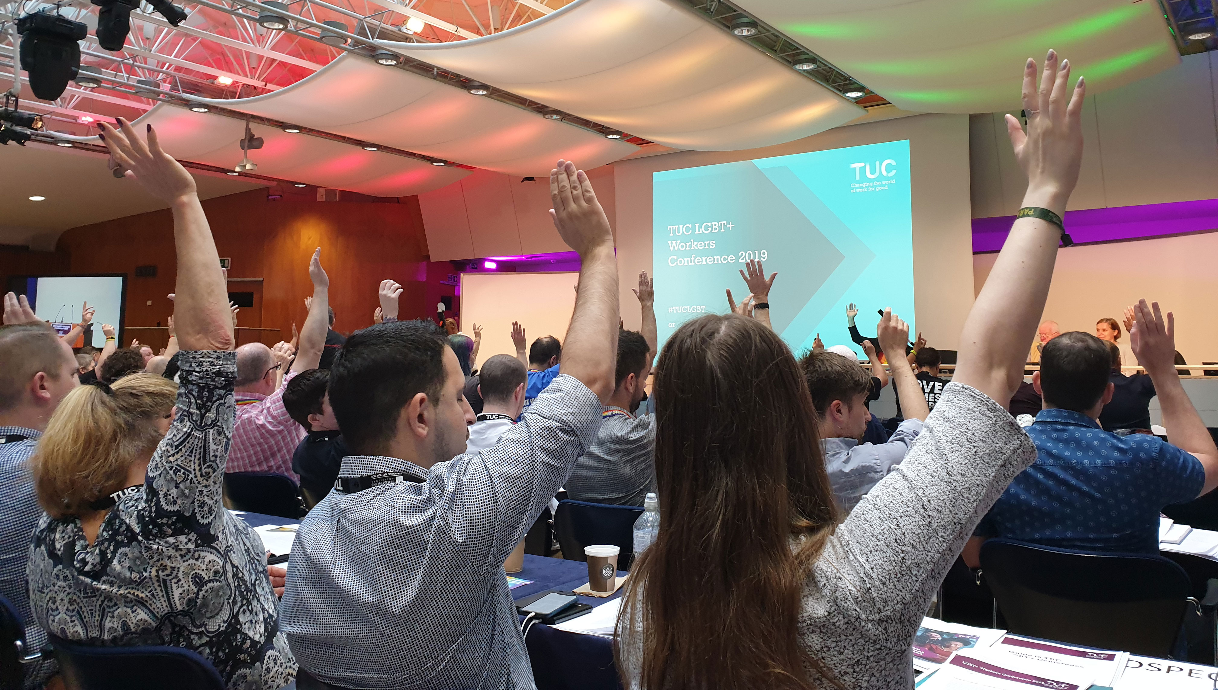 Voting: a previous TUC LGBT+ conference, pre-Covid times. This year the TUC LGBT+ and Women's conferences on equality will be held digitally and member are encouraged to sign up. Image:Voting: a previous TUC LGBT+ conference, pre-Covid times. This year the TUC LGBT+ and Women's conferences on equality will be held digitally and member are encouraged to sign up.