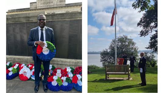 Image:Nautilus at  UK Merchant Navy Day events. L-R: Nautilus assistant general secretary Olu Tunde in London,  and a Red Ensign flag-raising ceremony at Nautilus Mariners' Park in Wallasey. Images: Nautilus International