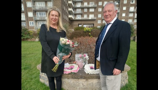 Image:Nautilus member Phil Lees and membership & research administrator Samantha Udall laying flowers at the rose garden on Dover Seafront to remember the 193 lives lost on the Herald of Free Enterprise. Image: Nautilus International