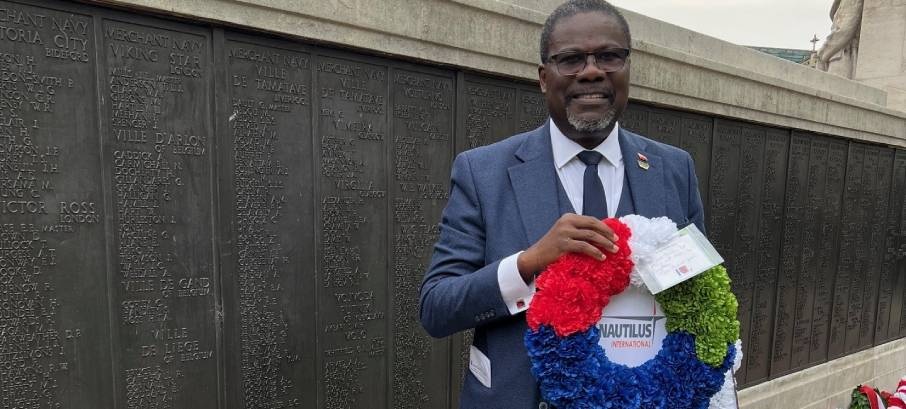 Nautilus deputy general secretary Olu Tunde at the Merchant Navy Memorial in London. Image:Nautilus deputy general secretary Olu Tunde at the Merchant Navy Memorial in London.
