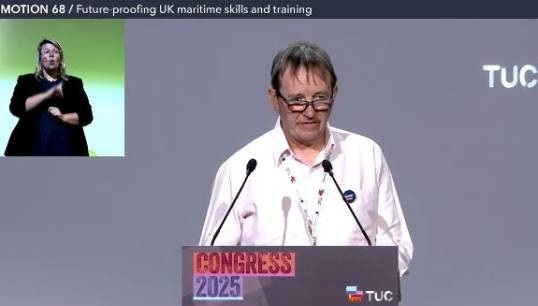 Nautilus Council vice-chair Iain MacKenzie proposing the Nautilus motion on Future-Proofing UK Maritime Skills and Training to TUC Congress 2025. Image: screenshot from TUC live feed Image:Nautilus Council vice-chair Iain MacKenzie proposing the Nautilus motion on Future-Proofing UK Maritime Skills and Training to TUC Congress 2025. Image: screenshot from TUC live feed
